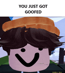 a cartoon character with a toast on his head and the words you just got goofed