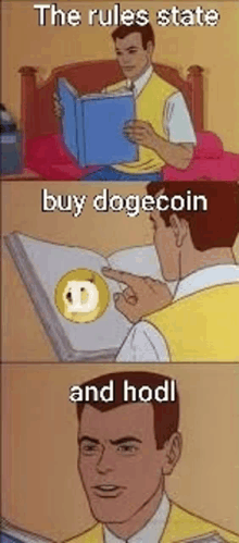 a man is sitting on a bed reading a book and pointing at a doge coin .