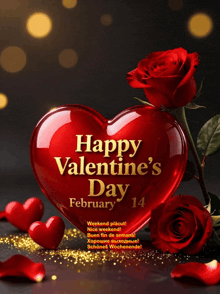 a red heart with the words happy valentine 's day february 14 surrounded by red roses