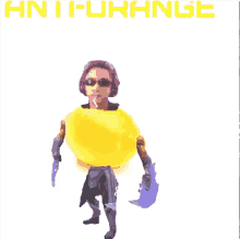 a man holding a sword and a yellow ball with the words anti-furange written on the bottom