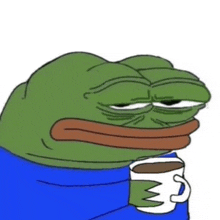 a cartoon frog is holding a cup of coffee and looking tired .