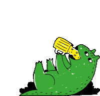 a cartoon of a dinosaur eating a bottle of beer .