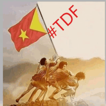 a painting of a group of people raising a flag with the hashtag #tdf on it