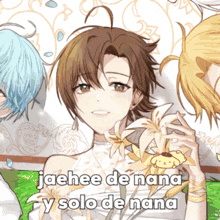 a picture of a girl holding a flower with the words jaehee de nana y solo de nana