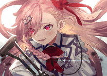 a girl with pink hair and red eyes is holding a rifle