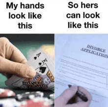 a picture of a hand holding a playing card next to a picture of a person signing a divorce application