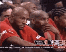 a group of men are sitting in a stadium watching a game between the chicago bulls and the miami heat .