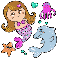 a cartoon drawing of a mermaid octopus dolphin and starfish with a heart that says sirene on it