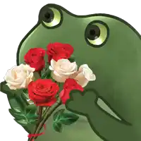 a green frog holds a bouquet of red and white roses