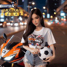 a woman is holding a soccer ball in front of a motorcycle