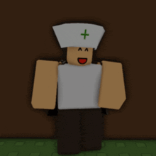 a cartoon character wearing a white nurse hat with a green cross on it