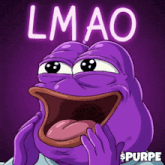 a purple frog with its tongue out and the words lmao behind it