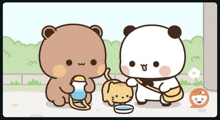 three cartoon bears are standing next to each other one is holding a bottle of milk and the other is feeding a cat .