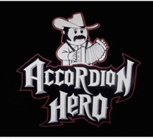 a logo for accordion hero with a man holding an accordion