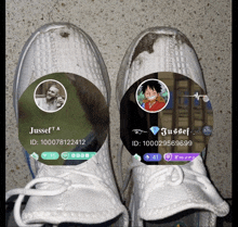 a pair of white sneakers with a picture of luffy on them