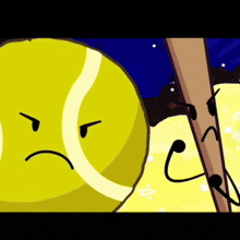 a cartoon of a tennis ball with an angry face next to a bat