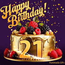 a birthday cake with berries and the number 21