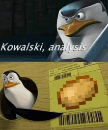 a penguin is sitting next to a package that says kowalski analysis