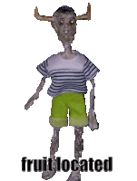 a picture of a skeleton wearing a striped shirt and green shorts with the words fruitlocated below it