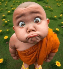 a baby dressed as a monk is making a funny face while standing in a field of flowers .