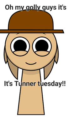 a cartoon character is wearing a hat and says " oh my golly guys it 's tunner tuesday !! "