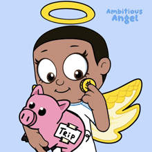 a cartoon of an ambitious angel holding a piggy bank and a coin