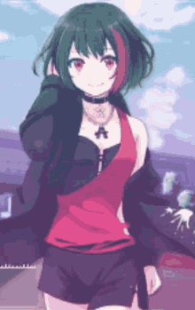 a girl with green hair and red eyes is wearing a choker and a red top .