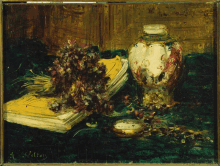 a painting of a vase a book and a watch by a. walton