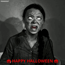 a black and white photo of a girl with white eyes and the text happy halloween