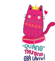 a pink cat with a gold crown on its head sits on a pink pillow