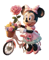 a figurine of minnie mouse riding a bike with a basket of flowers