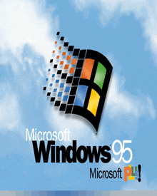 a microsoft windows 95 advertisement with a blue sky in the background