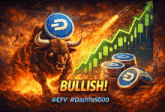 a bull is surrounded by stacks of coins and the words bullish on the bottom
