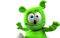 a green gummy bear with blue eyes is waving his hand