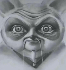 a black and white drawing of a raccoon with big eyes