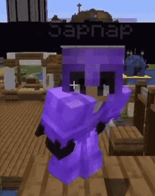 a purple minecraft character is standing on a wooden floor in front of a sign that says jamap .