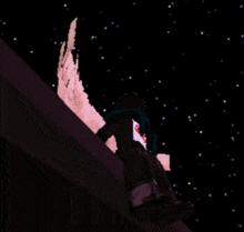 a pixel art of a person standing on a ledge looking up at the sky