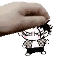 a pixel art of a hand holding a small boy 's head