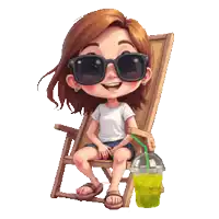 a girl wearing sunglasses is sitting in a chair holding a cup of lemonade