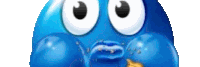 a blue cartoon character with big eyes and bubbles on his face