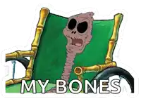a sticker of a skeleton in a wheelchair with the words " my bones " below it