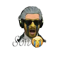 a man wearing headphones and sunglasses has the word son written on the bottom of his face