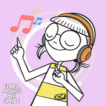 a cartoon of a girl wearing headphones with the words flora makes me smile