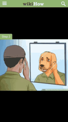 a man is looking at himself in a mirror with a dog 's head on it