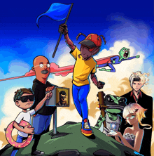 a cartoon of a man holding a blue flag surrounded by other characters