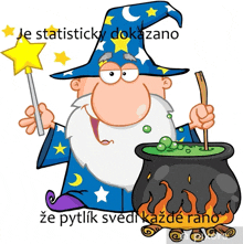 a cartoon of a wizard holding a wand and a cauldron with the words je statisticky dokazano above him