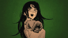 a black and white drawing of a girl pointing
