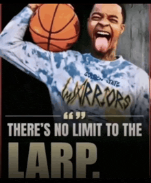 a golden state warriors player is holding a basketball with his tongue hanging out