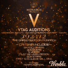 a poster advertising vtag auditions for monarch