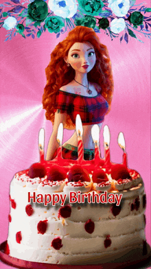 a birthday cake with a doll on top and the words happy birthday